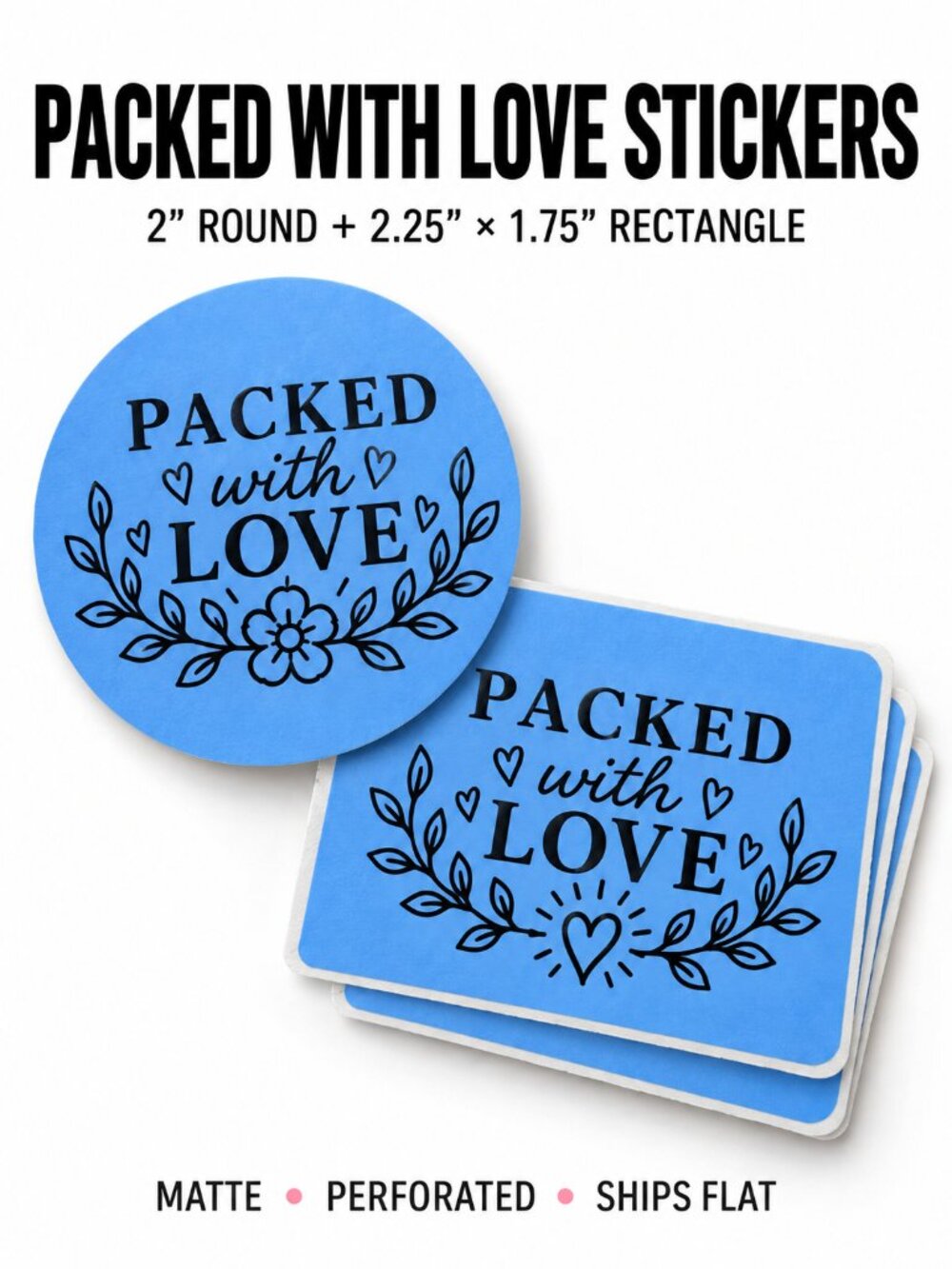 200 Packed With Love Stickers Blue Round Rectangle Packaging Labels